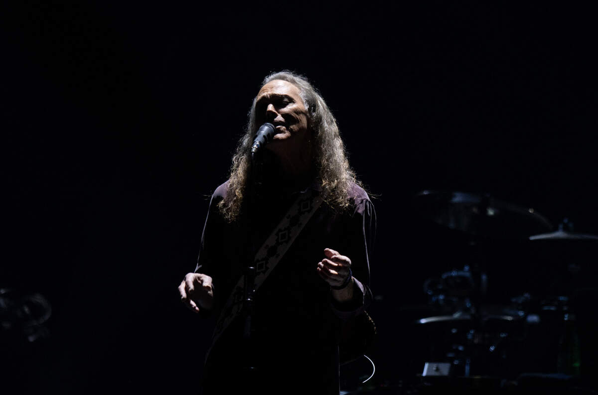 Timothy B. Schmidt harmonizes during “Seven Bridges Road as the Eagles bring their ‘The Long Goodbye’ Final Tour to Raleigh, N.C.’s PNC Arena, Thursday night, Nov. 9, 2023.