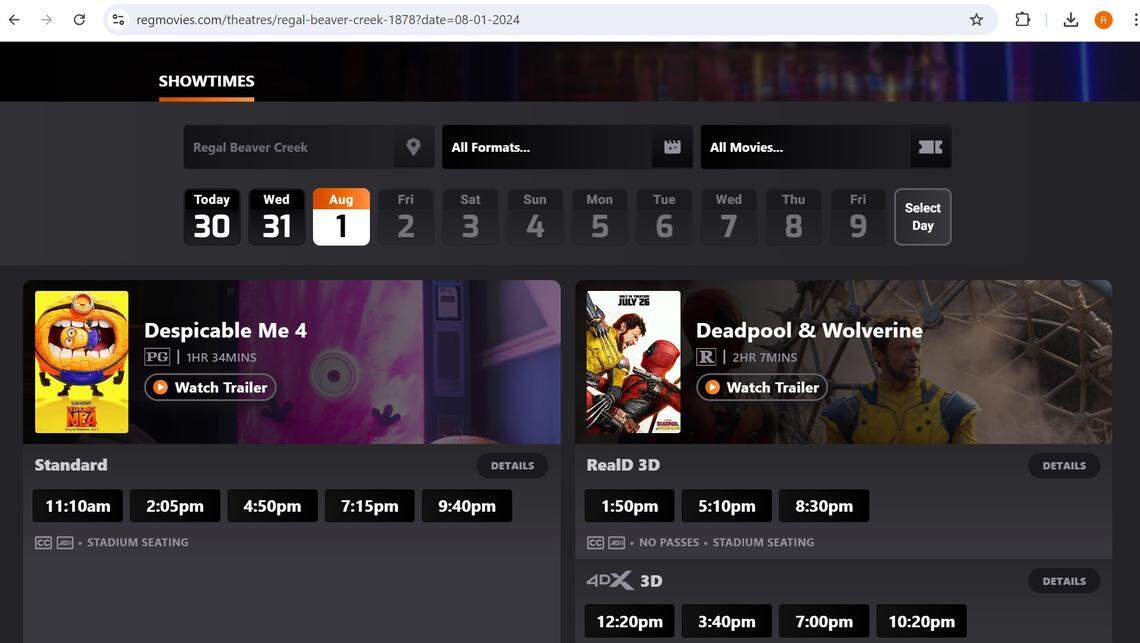 This screen grab, taken July 30, 2024, shows that Regal Beaver Creek theater in Apex, North Carolina, is not selling tickets for any day past Aug. 1.