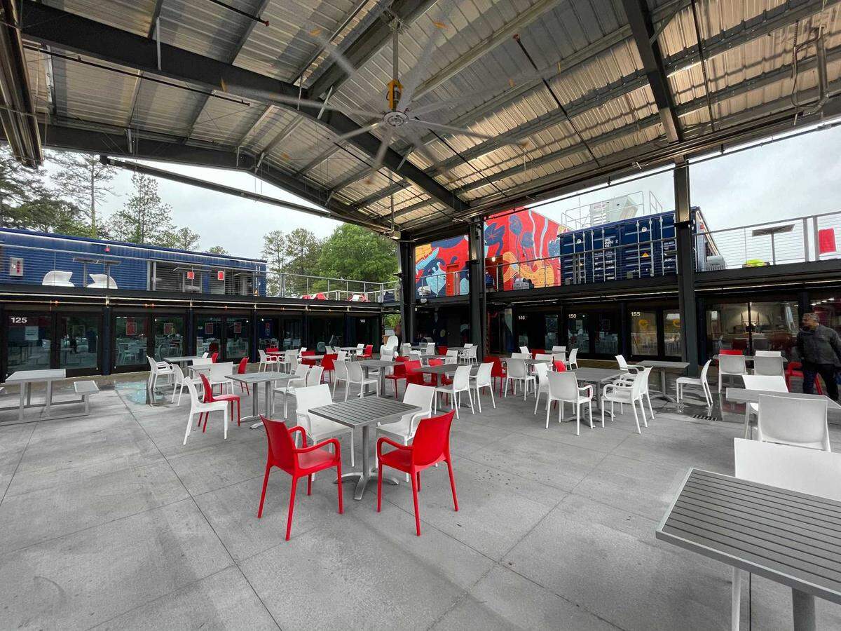 The Boxyard in Research Triangle Park on June 3, 2021, a collection of shipping containers that serve as a center of restaurants, cafes and breweries next to the Frontier. The Boxyard’s 13 tenants include Fullsteam Brewery, Beyu Caffe and Lawrence Barbeque.