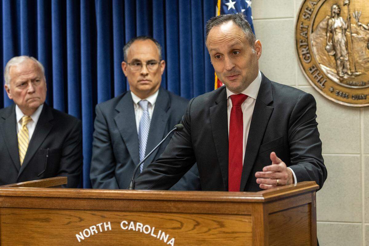 North Carolina Labor Commissioner Josh Dobson, a Republican and former state House member, talks about the state employees vacancy rate and his support for 10% raises for state employees during a news conference May 24, 2023 at the Legislative Building in Raleigh.