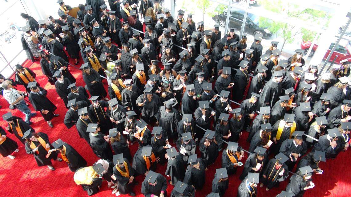 Durham Tech graduates line up for a procession at DPAC on May 28, 2014.