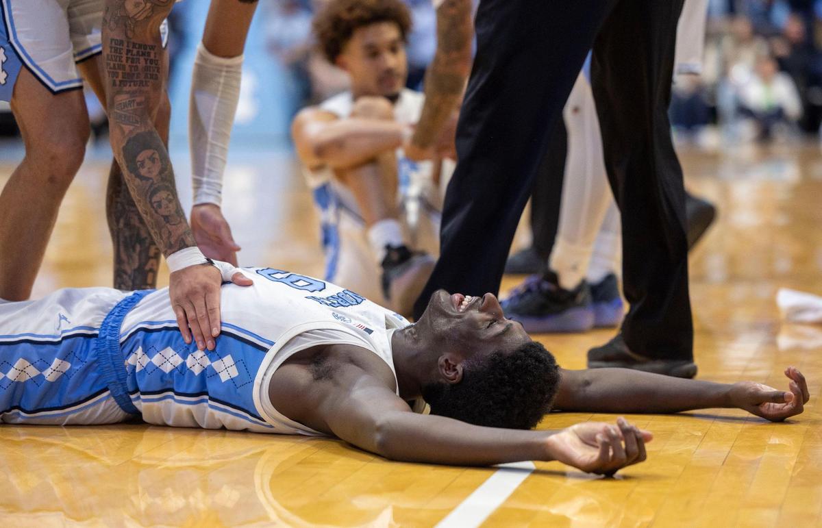 North Carolina forward Drake Powell (9) reacts after a massive floor scramble for a loose ball with seven seconds to play against Pitt on Saturday, February 8, 2025 at the Smith Center in Chapel Hill, N.C. The Tar Heels held on to a one point lead to defeat Pitt 67-66.
