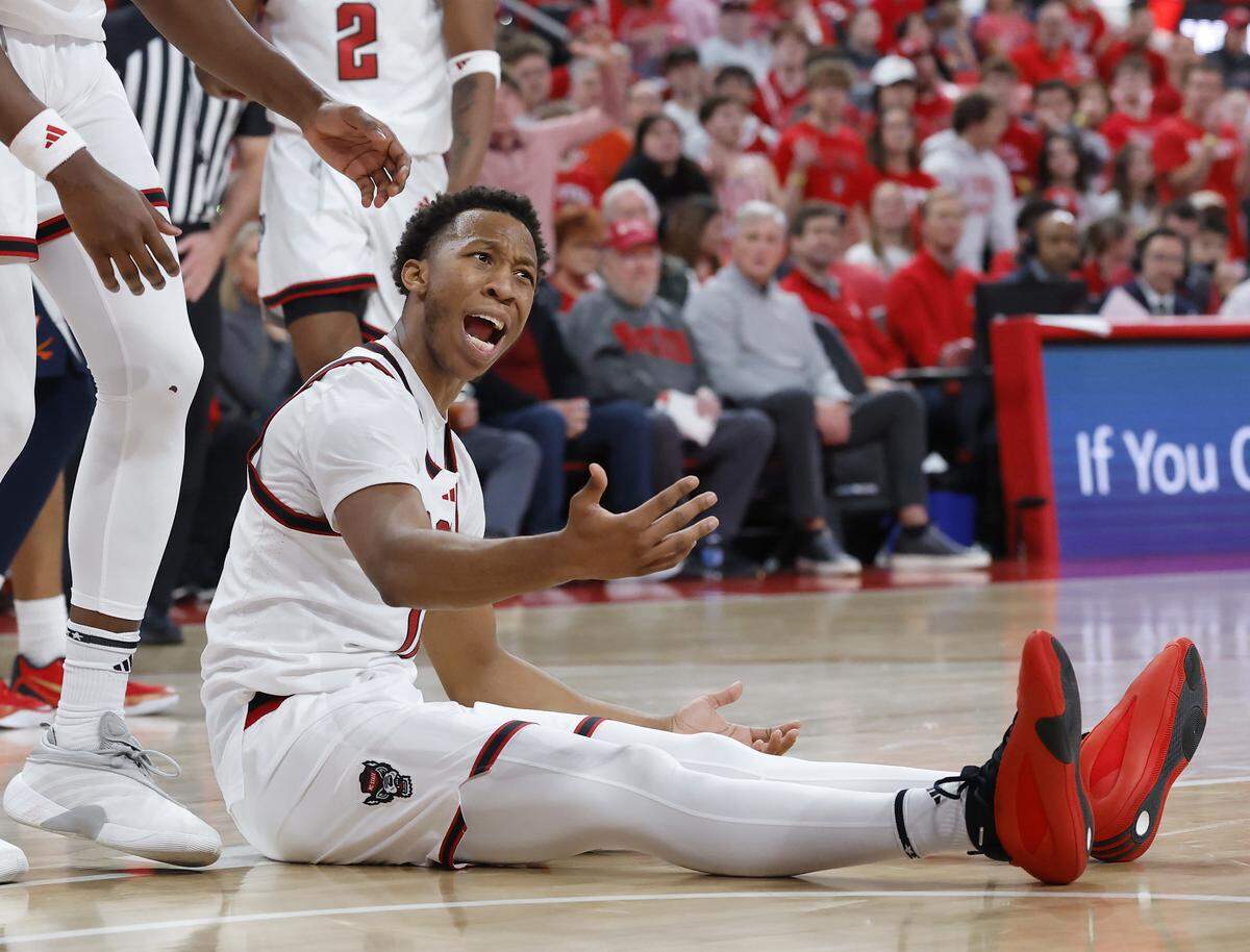 N.C. State’s Quadir Copeland reacts after drawing a foul during the second half of the Wolfpack’s 76-61 loss to Virginia on Saturday, Jan. 3, 2026, at Lenovo Center in Raleigh, N.C.