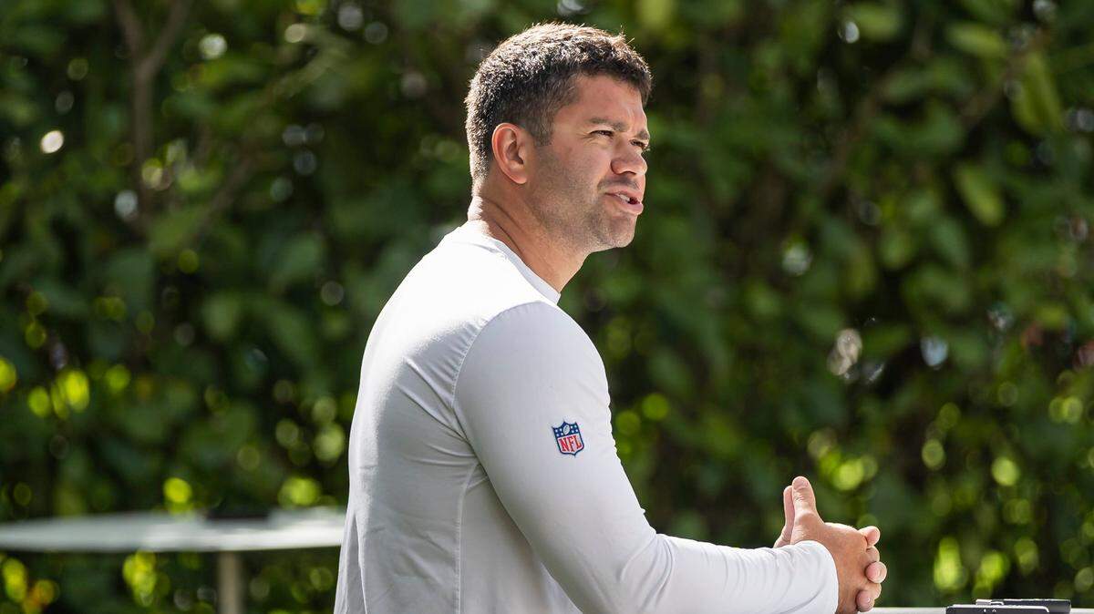 Miami Dolphins Safeties Coach Joe Kasper speaks with reporters before the start of team practice at the Baptist Health Training Complex on Friday, Aug. 4, 2023 in Miami Gardens, Fla.