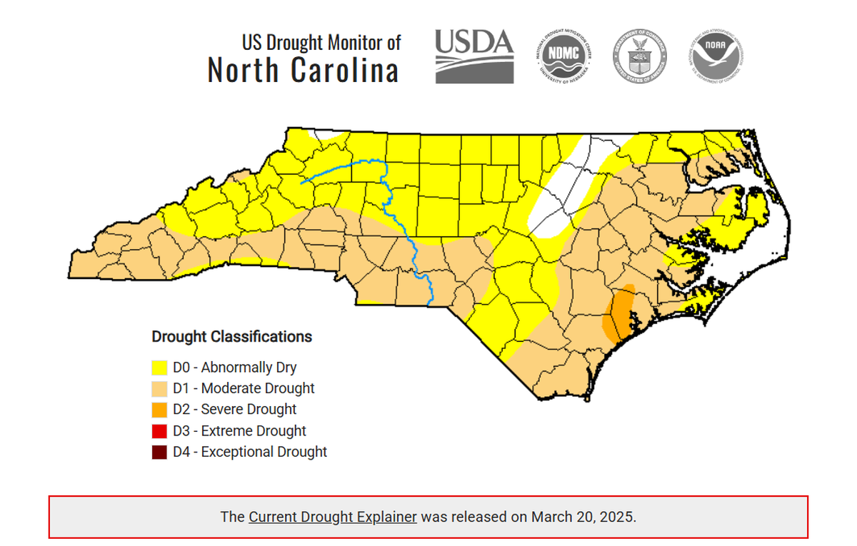 Despite recent rainfall, the March 20, 2025, drought report shows dry conditions across most of North Carolina.