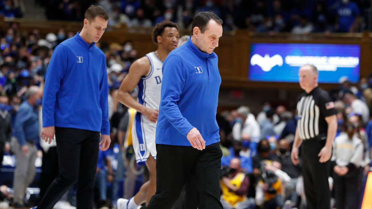 Duke head coach Mike Krzyzewski walks off the court at the end of the first half of Duke’s game against Wake Forest at Cameron Indoor Stadium in Durham, N.C., Tuesday, Feb. 15, 2022.