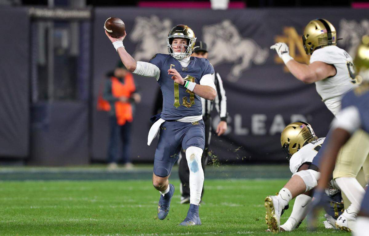 Nov 23, 2024; New York, New York, USA; Notre Dame Fighting Irish quarterback Riley Leonard (13) throws a pass against the Army Black Knights during the first half at Yankee Stadium. Mandatory Credit: Danny Wild-Imagn Images