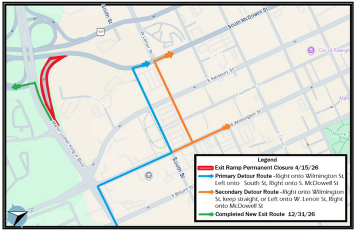 Raleigh is directing drivers to use Wilmington Street as an alternative to the ramp that closed from westbound Martin Luther King Jr. Boulevard to northbound McDowell Street. The new left-turn access from MLK to McDowell is expected to be open by the end of 2026.