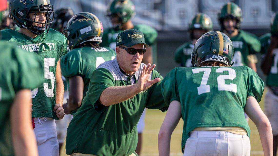 Ravenscroft head football coach Ned Gonet leads a practice Tuesday, Oct. 11, 2022. Gonet will retire after this season after 42 years coaching football.