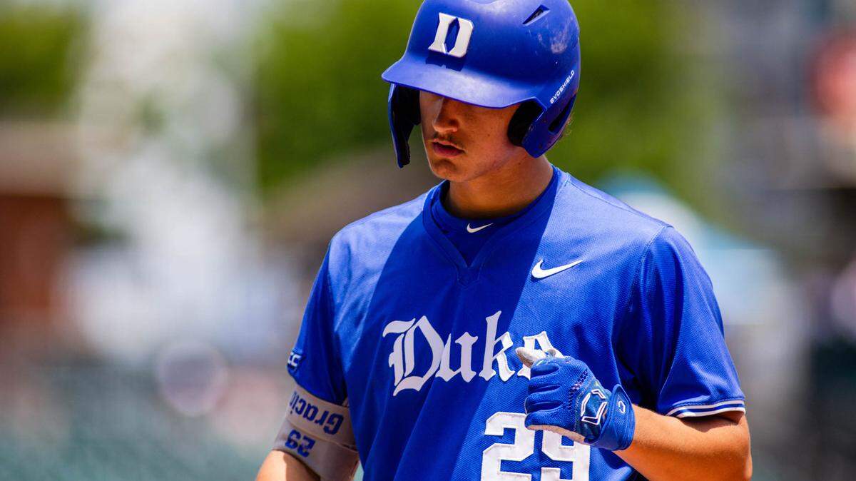 May 26, 2024; Charlotte, NC, USA; Duke Blue Devils utility AJ Gracia (29) celebrates a RBI single against the Florida State Seminoles in the second inning during the ACC Baseball Tournament at Truist Field.