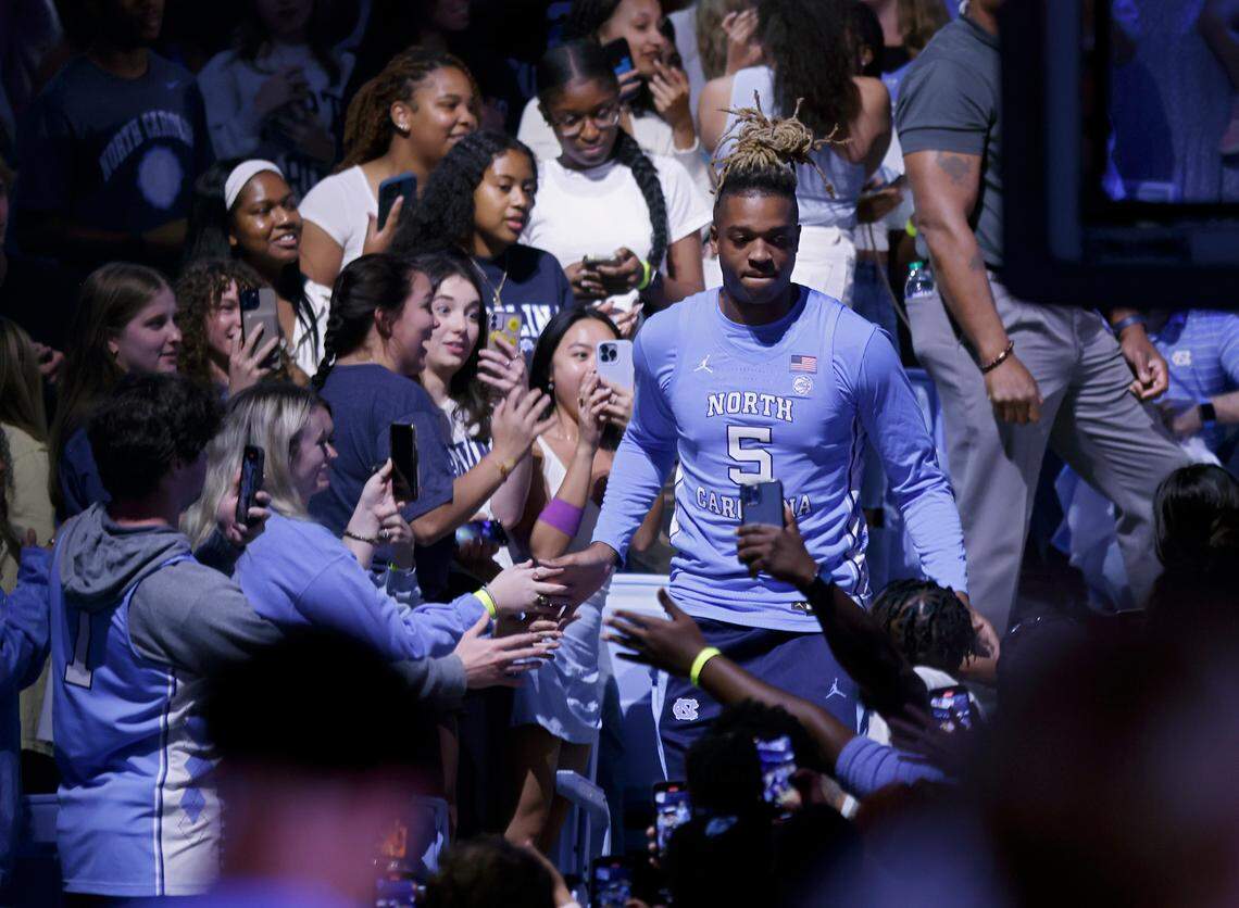 North Carolina’s Armando Bacot is greeted by fans after being introduced during “Live Action with Carolina Basketball” at the Dean E. Smith Center on Friday, Oct. 7, 2022, in Chapel Hill, N.C.