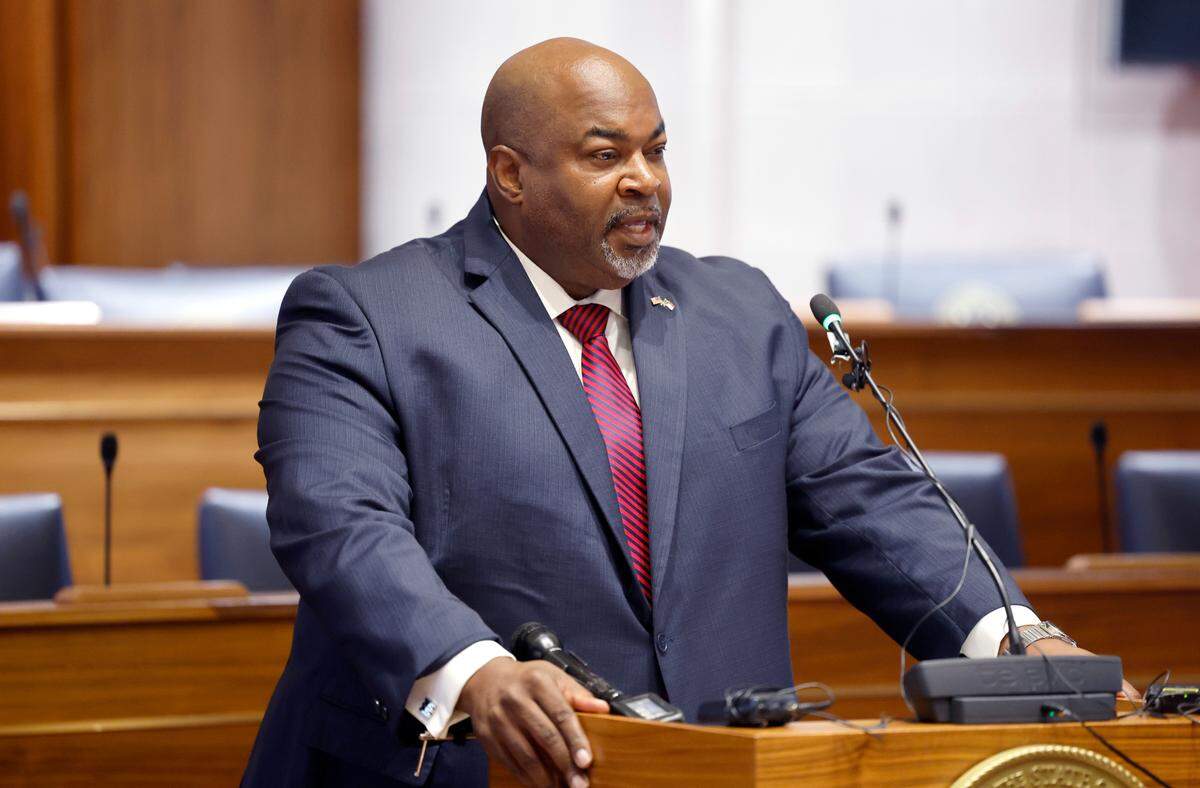 Lt. Gov. Mark Robinson speaks during a press conference at the Legislative Building in Raleigh, N.C., Thursday, Oct. 12, 2023.