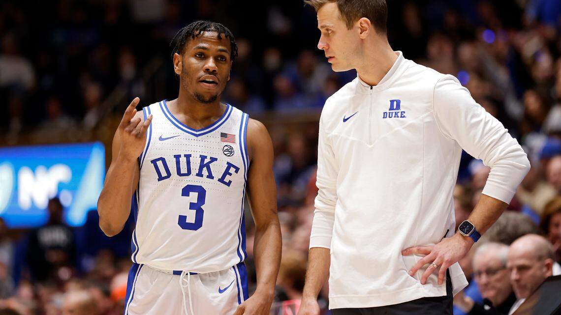 Duke’s Jeremy Roach talks with head coach Jon Scheyer during the second half of the Blue Devils’ 81-65 win over Virginia Tech on Saturday, Feb. 25, 2023, at Cameron Indoor Stadium in Durham, N.C.