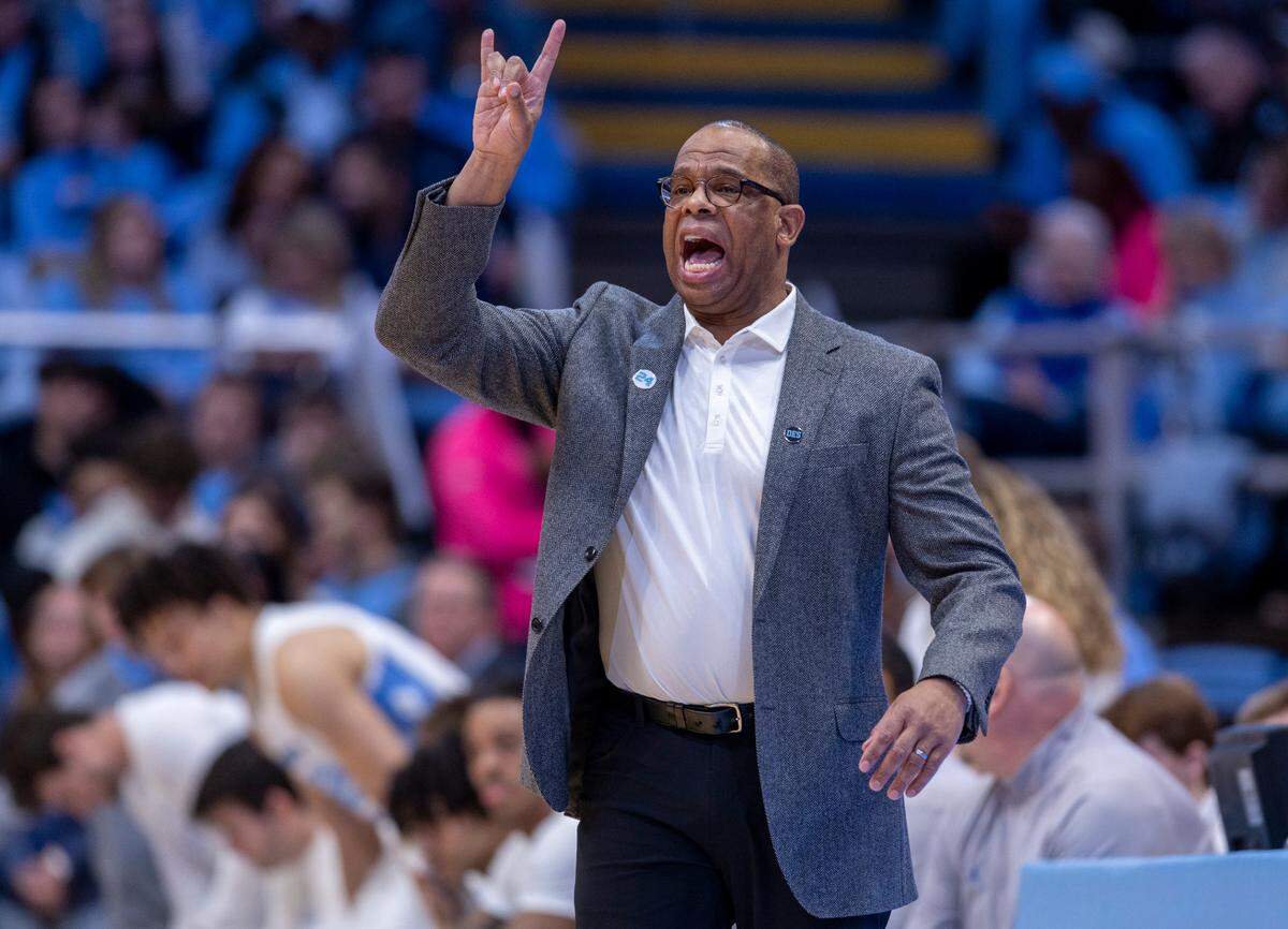 North Carolina coach Hubert Davis directs his team during the first half against Charleston Southern on Friday, December 29, 2023 at the Smith Center in Chapel Hill, N.C.