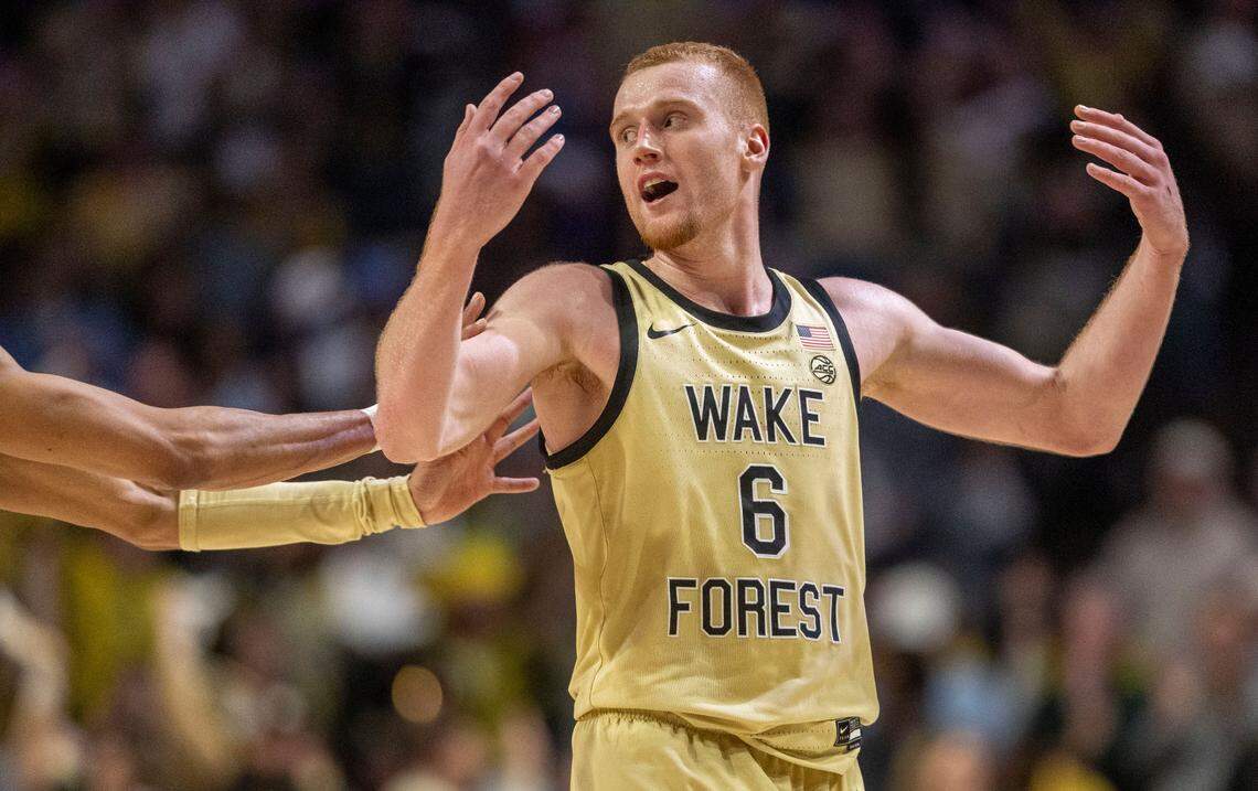 Wake Forest’s Cameron Hildreth (6) reacts after sinking a basket to give the Demon Deacons a 42-39 lead over North Carolina in the second half on Tuesday, January 21, 2025 at Lawrence Joel Coliseum in Winston-Salem, N.C. Hildreth scored 20 points leading Wake to a 67-66 victory.