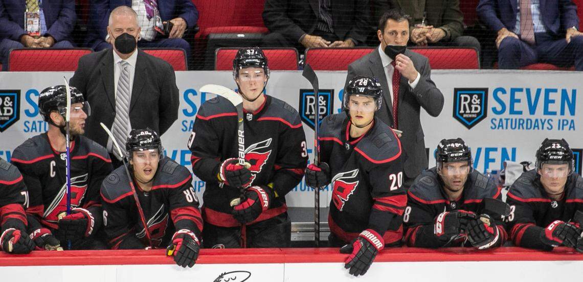 Carolina Hurricanes’ coach Rod Brind’Amour watches the third period against Nashville on Monday, May 17, 2021 at PNC Arena in Raleigh, N.C.