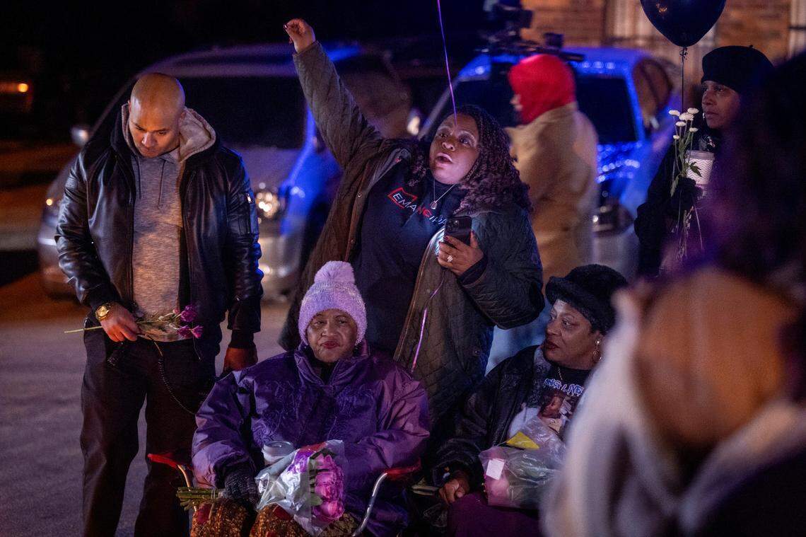 Attorney Dawn Blagrove, center, speaks as family, friends and activists hold a vigil for Darryl “Tyree” Williams Wednesday, Jan. 17, 2023 on Rock Quarry Road in Raleigh. Williams died last year after police used stun gun on him multiple times.