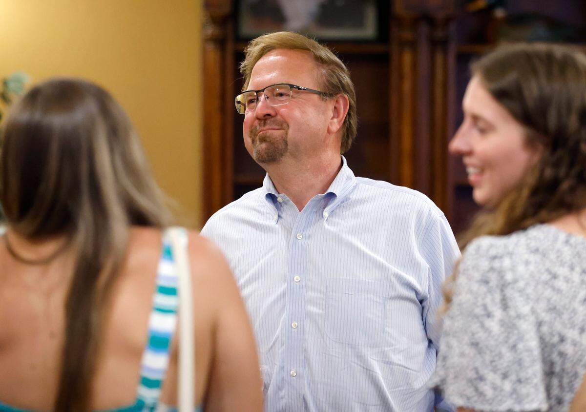 State Sen. Chuck Edwards talks with supporters at the Mountain Lodge in Flat Rock, N.C. after Edwards defeated Rep. Madison Cawthorn in the NC-11 primary Tuesday, May 17, 2022.