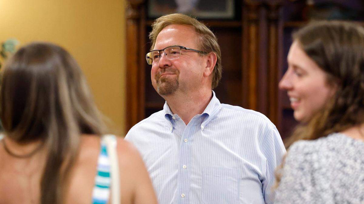 Then-state Sen. Chuck Edwards talks with supporters at the Mountain Lodge in Flat Rock, N.C. after Edwards defeated Rep. Madison Cawthorn in the NC-11 primary Tuesday, May 17, 2022.