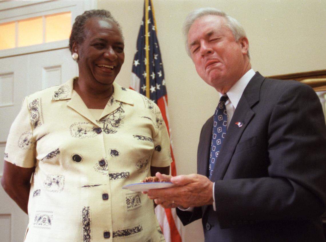 North Carolina Gov. Jim Hunt savors a slice of freshly baked pecan pie presented to him by Mildred “Mama Dip” Council in his State Capitol Office in 2000. Hunt exclaimed “It’s the best pie I’ve ever had “ as he enjoyed a small slice still warm from the oven of Dip’s Country Kitchen in Chapel Hill. Hunt presented Dip with the Order of the Long Leaf Pine, the highest honor bestowed to a North Carolina Citizen.