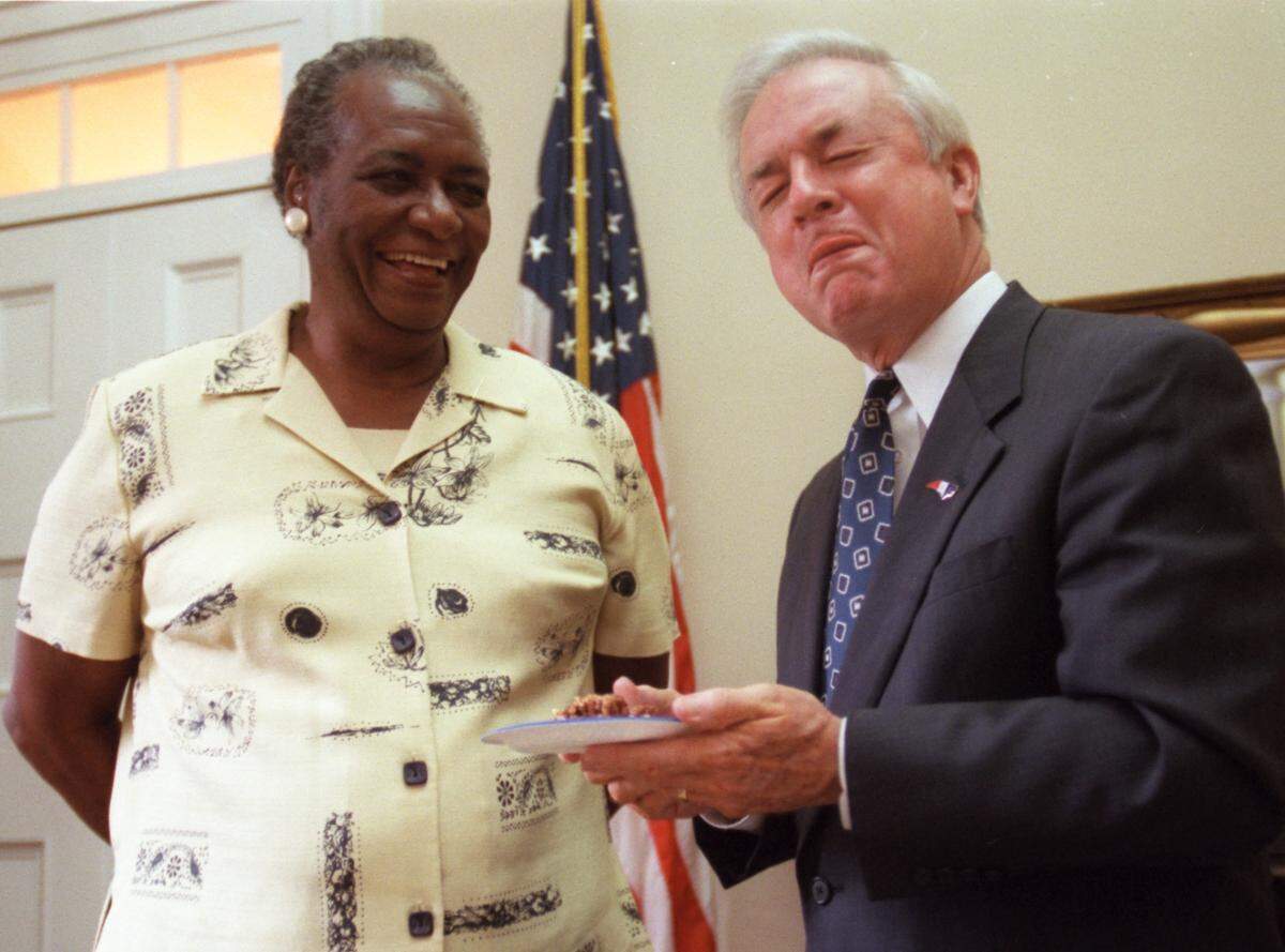 North Carolina Gov.  Jim Hunt savors a slice of freshly baked pecan pie presented to him by Mildred "Mama Dip" Council  in his State Capitol Office in 2000. Hunt exclaimed "It's the best pie I've ever had " as he enjoyed a small slice still warm from the oven of Dip's Country Kitchen in Chapel Hill. Hunt presented Dip with the Order of the Long Leaf Pine, the highest honor bestowed to a North Carolina Citizen.