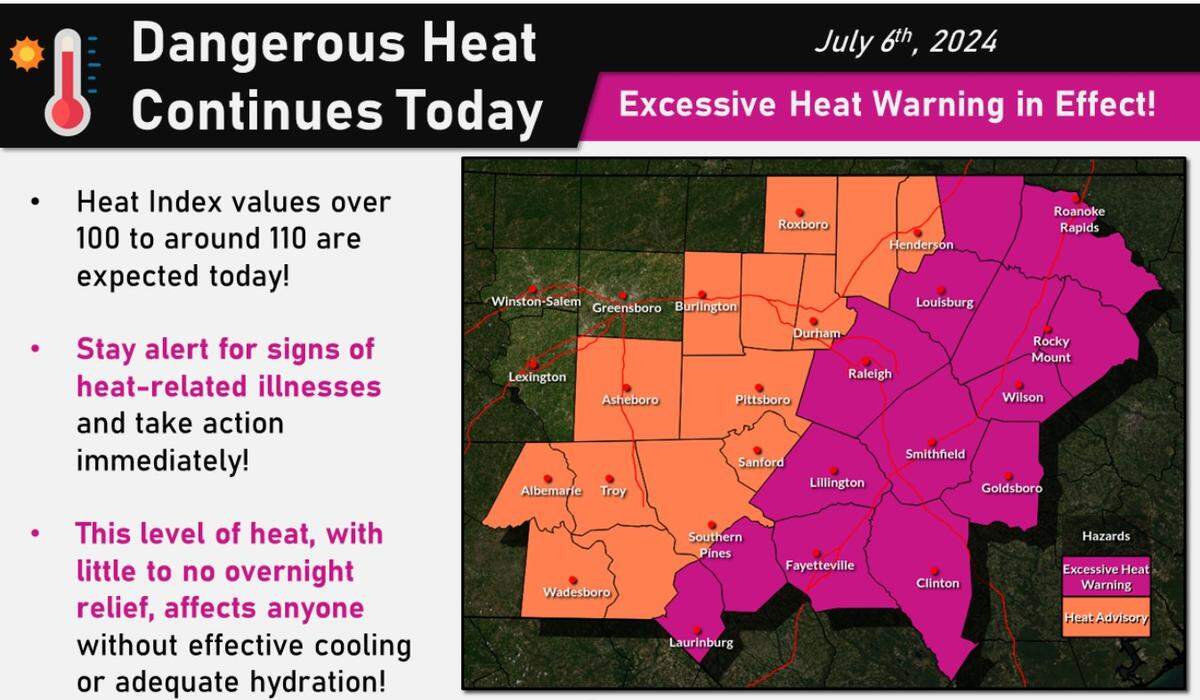 An “excessive heat warning” is in effect from 11 a.m. until 8 p.m. Saturday in the Triangle and much of North Carolina.