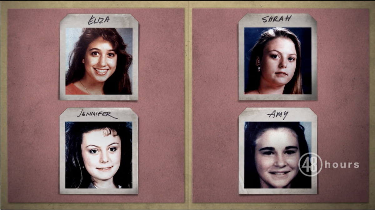 Clockwise: Eliza Thomas, Sarah Harbison, Amy Ayers and Jennifer Harbison were murdered in an Austin, Texas, yogurt shop in Dec. 1991. The case is featured on the Feb. 5, 2022 episode of “48 HOURS” on CBS.