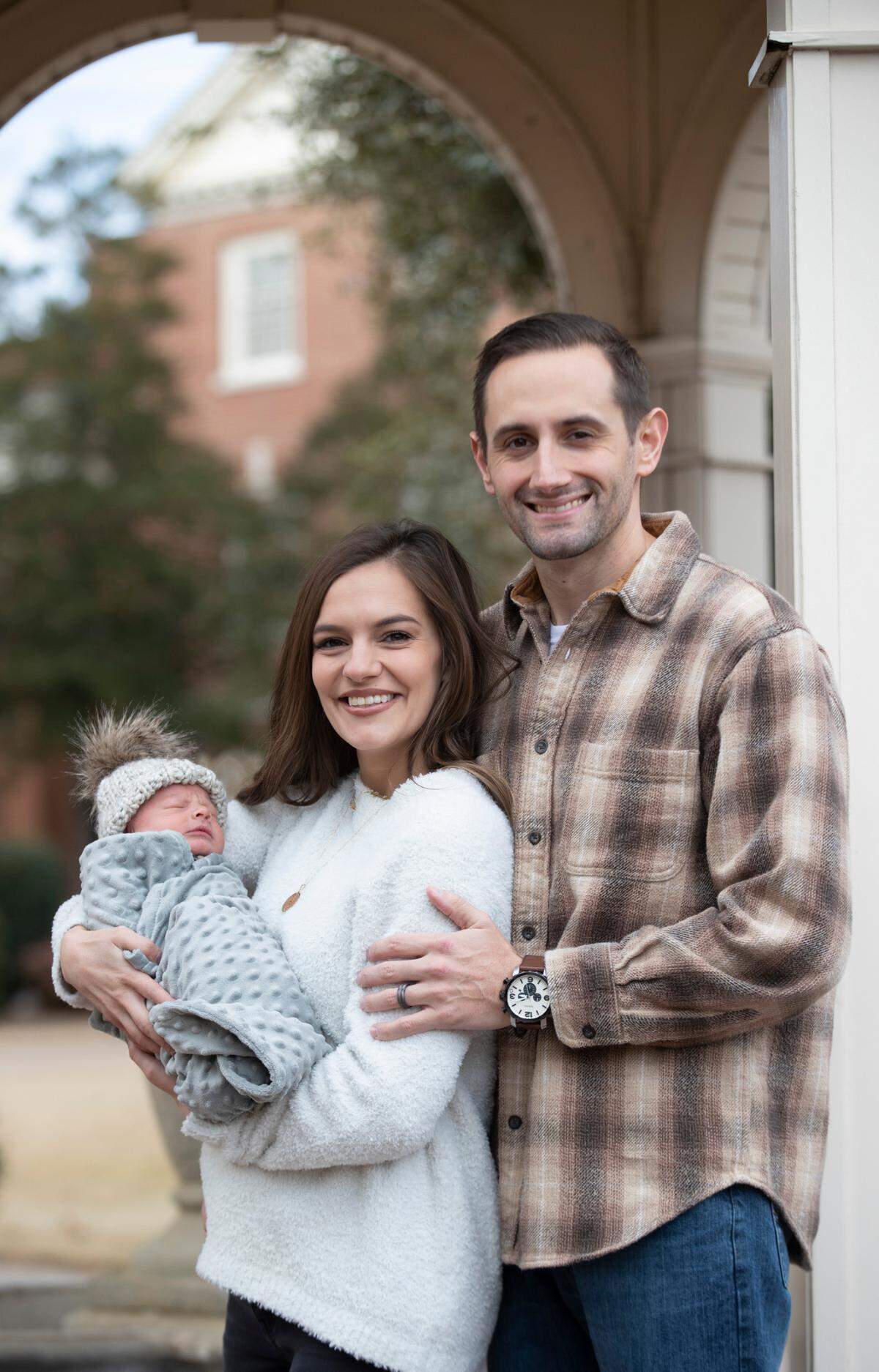 Jenna Fletcher and husband Jarrett Fletcher with their new son August Fletcher, the first baby born in 2021 at UNC Rex hospital. The family was photographed on Thursday, January 7, 2021 at the Southeastern Baptist Seminary in Wake Forest, N.C.