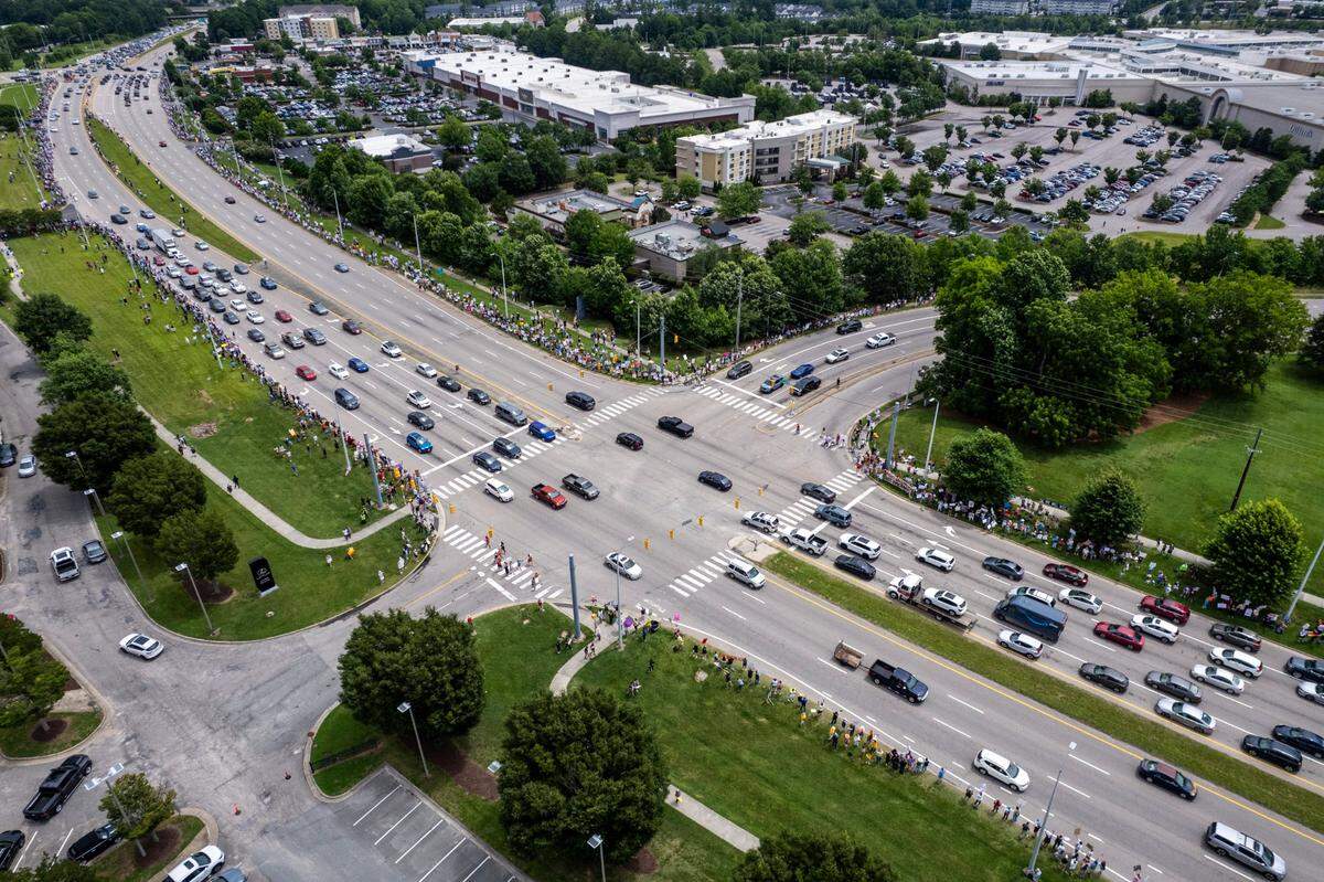 More than 1500 demonstrators lined Capital Boulevard to protest the policies and tactics of the of President Donald Trump on Saturday, June 14, 2025 near Triangle Town Center in Raleigh. The Raleigh “No Kings” rally was one of dozens across North Carolina and hundreds nationwide on what organizers called a nationwide day of defiance against the Trump administration.