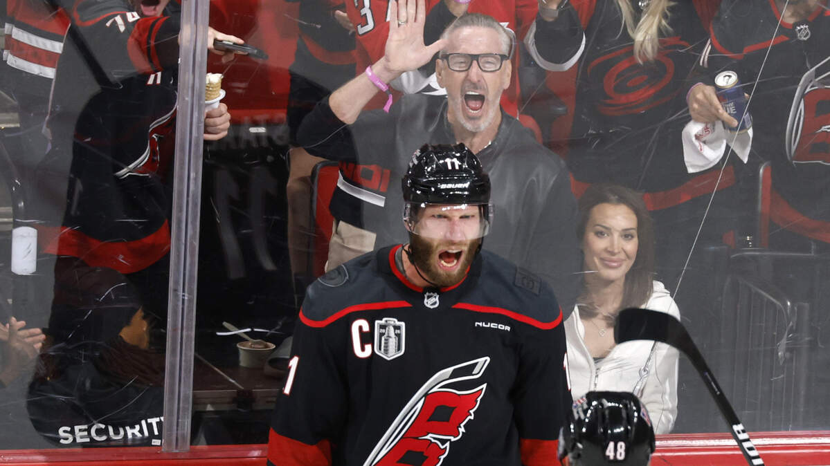 Carolina's Jordan Martinook (48) celebrates with Jordan Staal (11) after Staal scored in the second period of the Hurricanes’ game against the Golden Knights in the first game of the Stanley Cup Final at the Lenovo Center in Raleigh, N.C., Tuesday, June 2, 2026.
