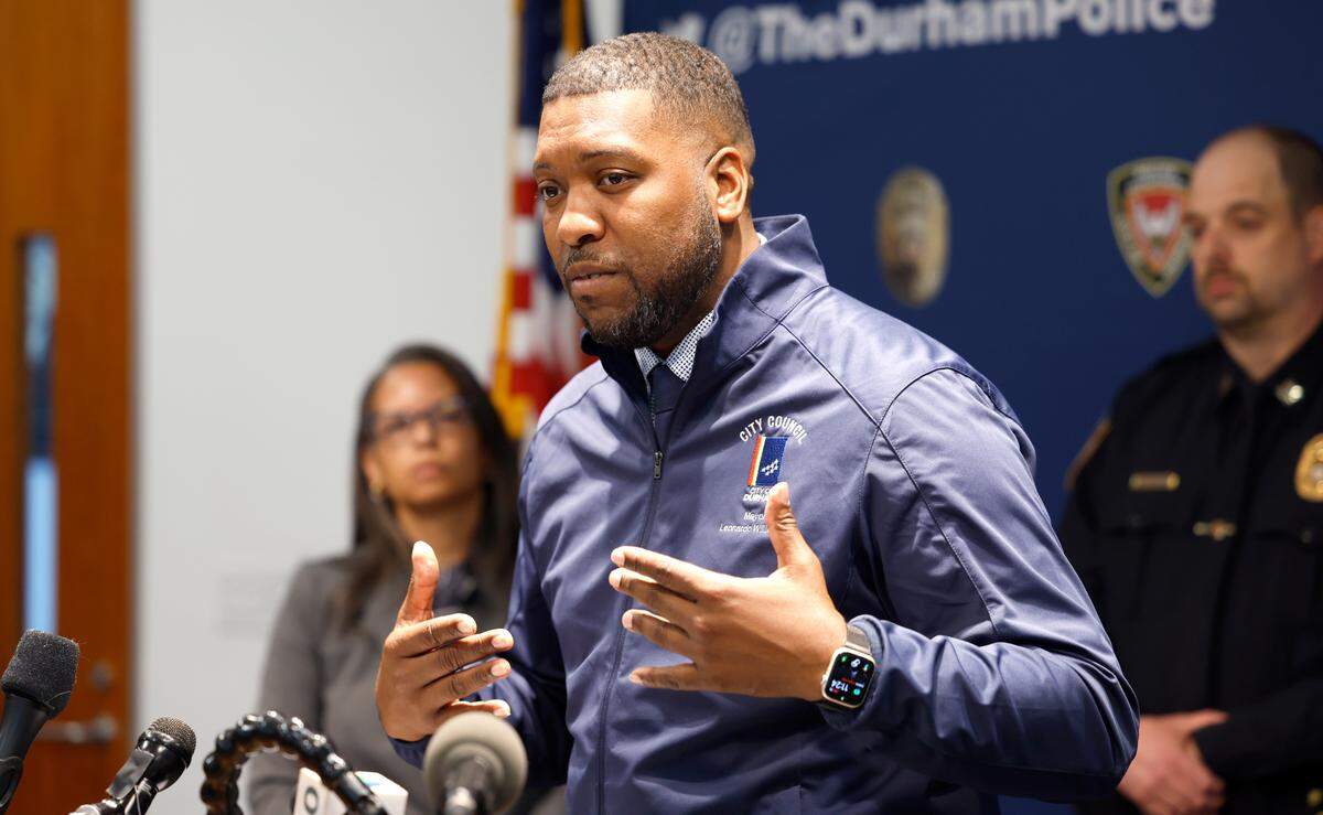 Durham Mayor Leonardo Williams speaks during a press conference at police headquarters Friday, April 12, 2024. Mayor Williams and Durham Police Chief Patrice Andrews spoke about the five people shot in Durham Thursday that included a 16-year-old boy who died at the hospital.