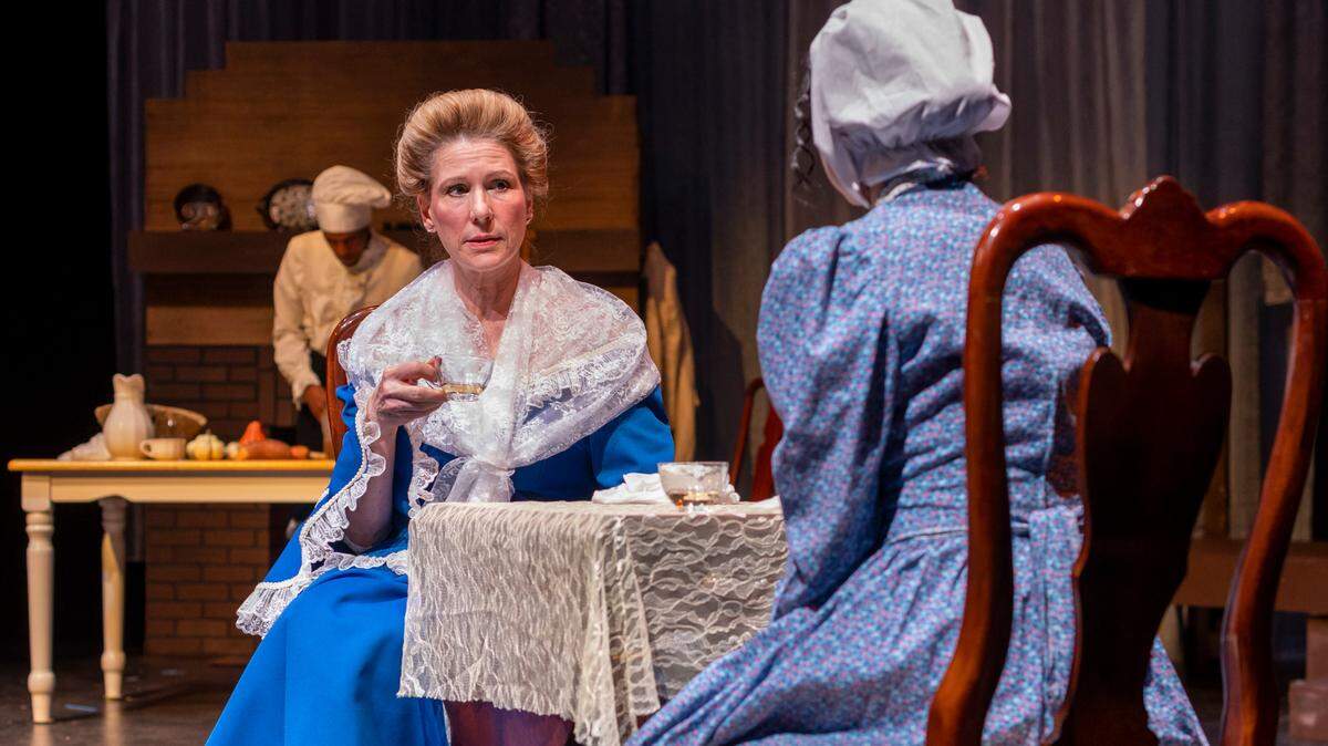 North Carolina First Lady Kristin Cooper portrays Martha Washington in Keith Burridge’s play ‘Ona’, during a dress rehearsal on Wednesday, September 13, 2023 in Raleigh, N.C.
