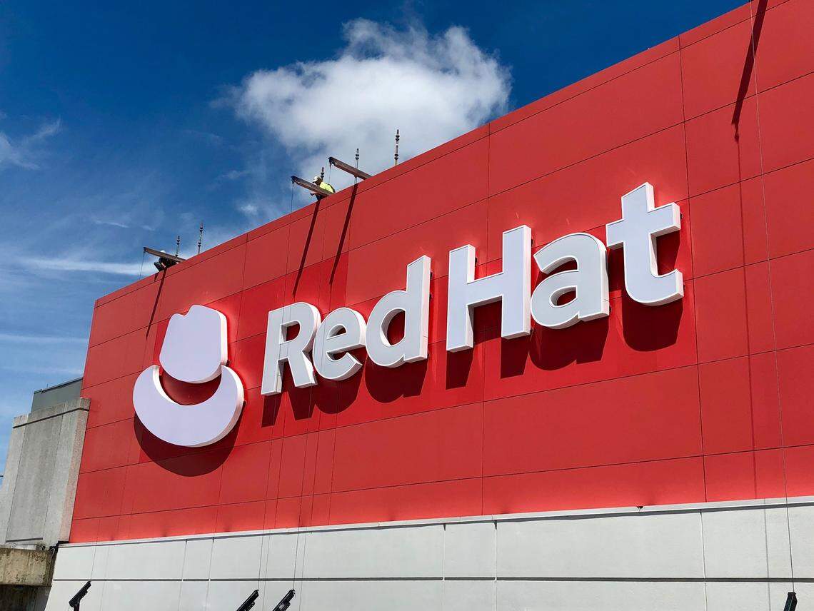 Red Hat’s new logo will have a lighted display at the top of Red Hat tower in downtown Raleigh, making it much more visible at night.