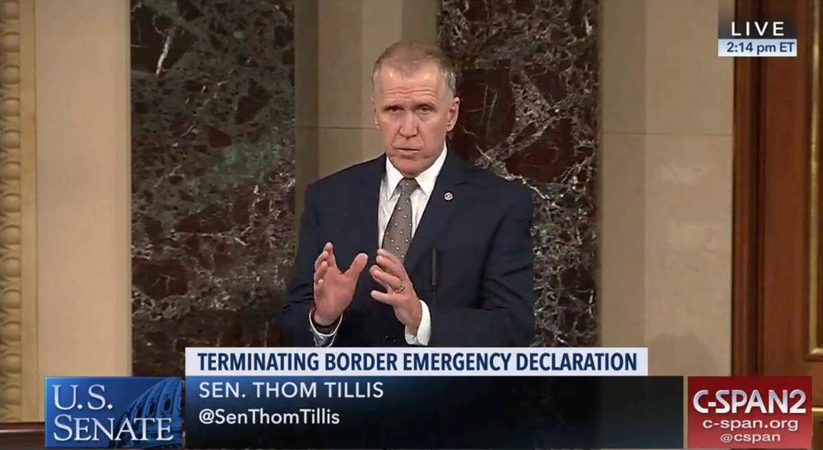 Sen. Thom Tillis explains his reasons for changing his stance on the national emergency declaration during a speech on the Senate floor Thursday, March 14, 2019.
