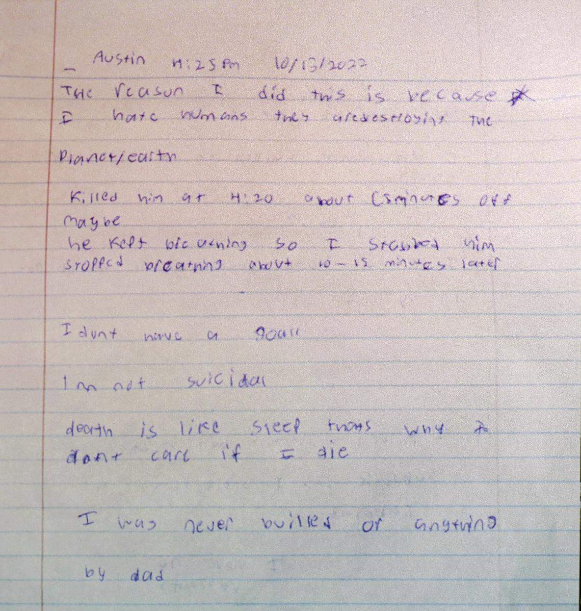 A note found in the Thompson home after Austin Thomson started the killing. It was displayed in court on Feb. 5.