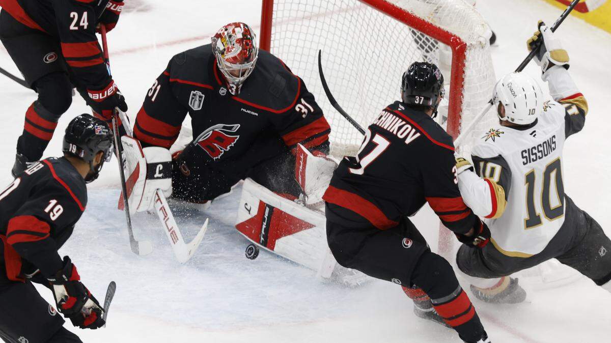 Carolina's Frederik Andersen (31) makes the save in the third period of the Golden Knights’ 5-4 victory over the Hurricanes in the first game of the Stanley Cup Final at the Lenovo Center in Raleigh, N.C., Tuesday, June 2, 2026.