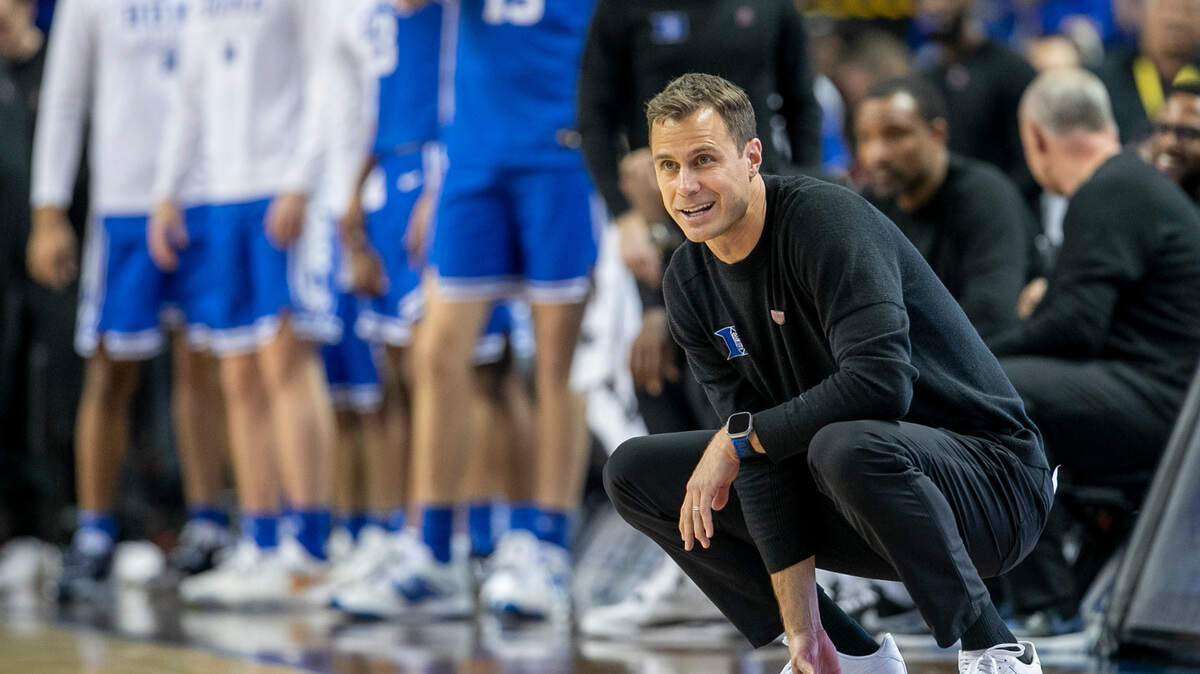 Duke coach Jon Scheyer cracks a smile during the Blue Devils’ 85-78 victory over Miami on Friday, March 10, 2023 at the Greensboro Coliseum in Greensboro, N.C.