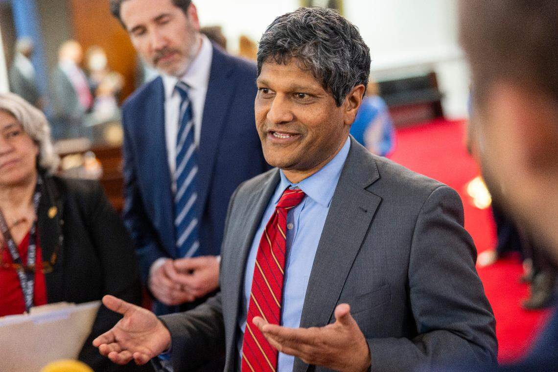 Sen. Jay Chaudhuri, a Wake County Democrat, speaks with reporters after a Senate session at the Legislative Building on Wednesday, Feb. 26, 2025.