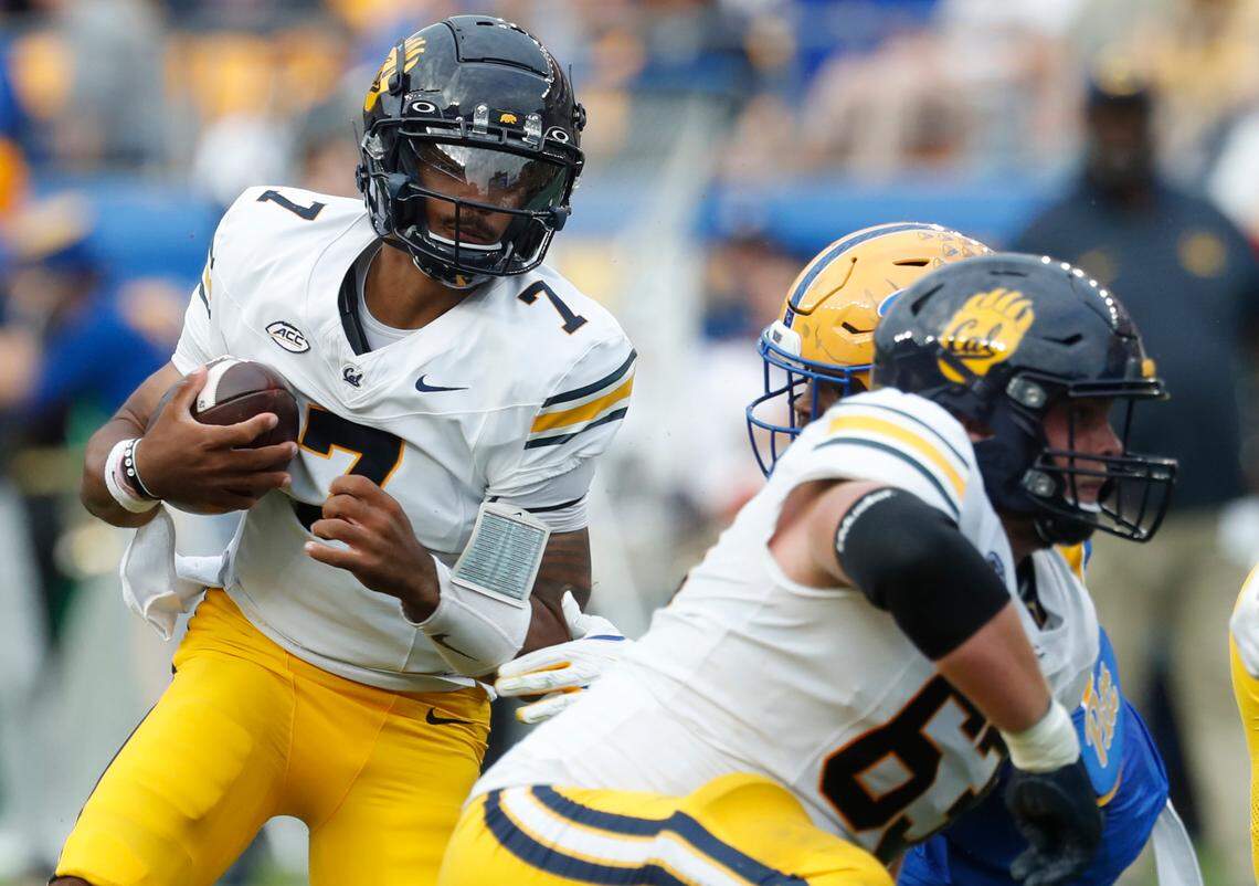 California Golden Bears quarterback Chandler Rogers (7) runs the ball against the Pittsburgh Panthers during the second quarter at Acrisure Stadium on Oct. 12, 2024.