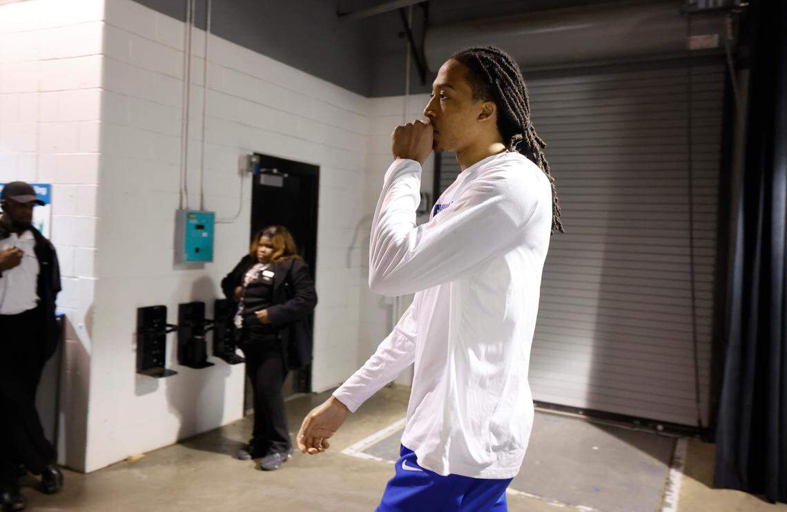 Duke’s Maliq Brown heads out to the court to warmup before Duke’s game against Arizona in the Sweet 16 round of the 2025 Men’s NCAA Basketball Championship at the Prudential Center in Newark, N.J., Thursday, March 27, 2025.