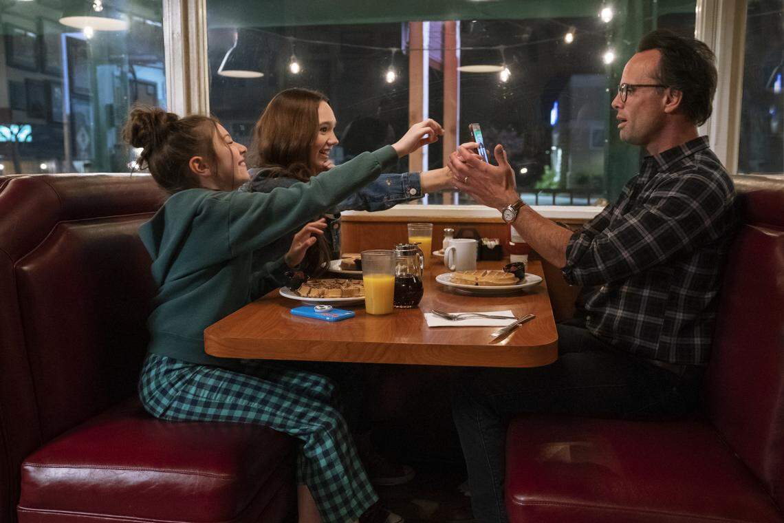 (L-R) Makenzie Moss as Natalie, Ruby Jay as Grace, Walton Goggins as Wade in “The Unicorn” on CBS.