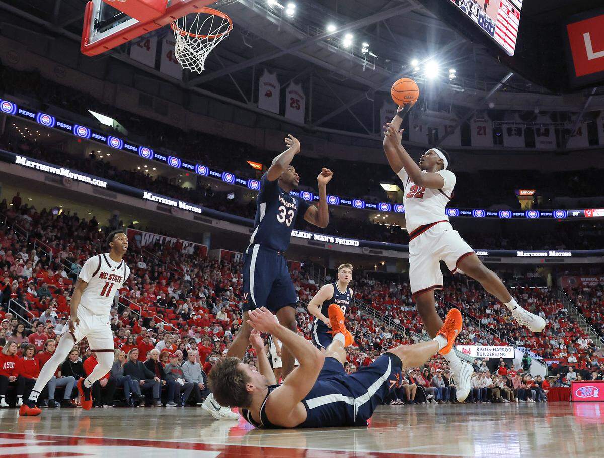 N.C. State’s Ven-Allen Lubin drives to the basket during the second half of the Wolfpack’s 76-61 loss to Virginia on Saturday, Jan. 3, 2026, at Lenovo Center in Raleigh, N.C.