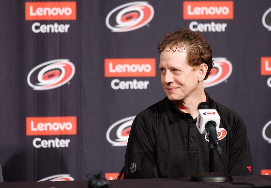 Carolina Hurricanes general manager Eric Tulsky smiles during a press conference on Tuesday, June 3, 2025, at Lenovo Center in Raleigh, N.C.