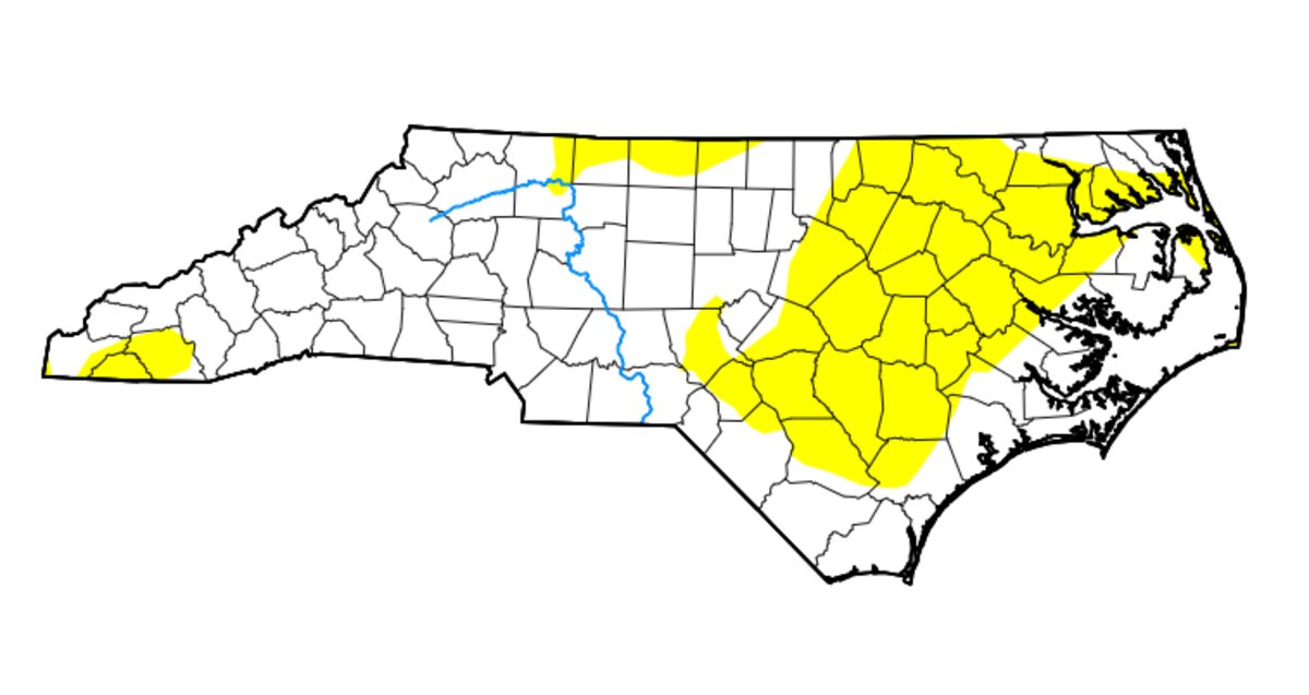 The drought map released May 9 shows more than 35% of North Carolina is abnormally dry. Most of the dry areas, shown in yellow, will get rain this week, forecasters say.