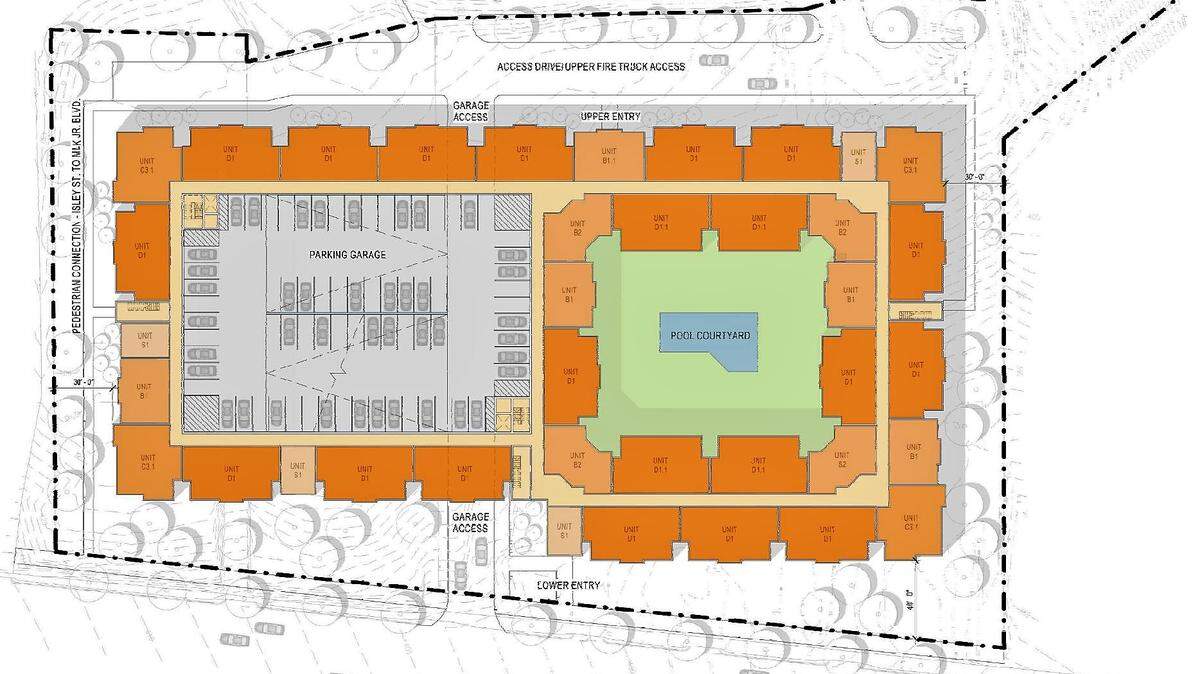 A site plan for The Flats apartment building proposed for 607-617 Martin Luther King Jr. Blvd. shows roughly 200 apartments wrapped around a parking deck and a courtyard with a pool. The concept is a rough sketch of what might be proposed for the site.