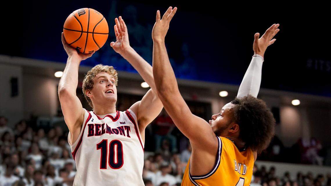 Belmont guard Cade Tyson (10) shoots over Lipscomb guard Derrin Boyd (4) during the second half at the Curb Event Center in Nashville, Tenn., Wednesday, Dec. 6, 2023.