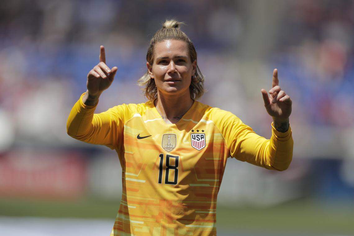 United States goalkeeper Ashlyn Harris is introduced during a send-off ceremony ahead of the FIFA Women’s World Cup after an international friendly soccer match against Mexico, Sunday, May 26, 2019, in Harrison, N.J. The U.S. won 3-0.