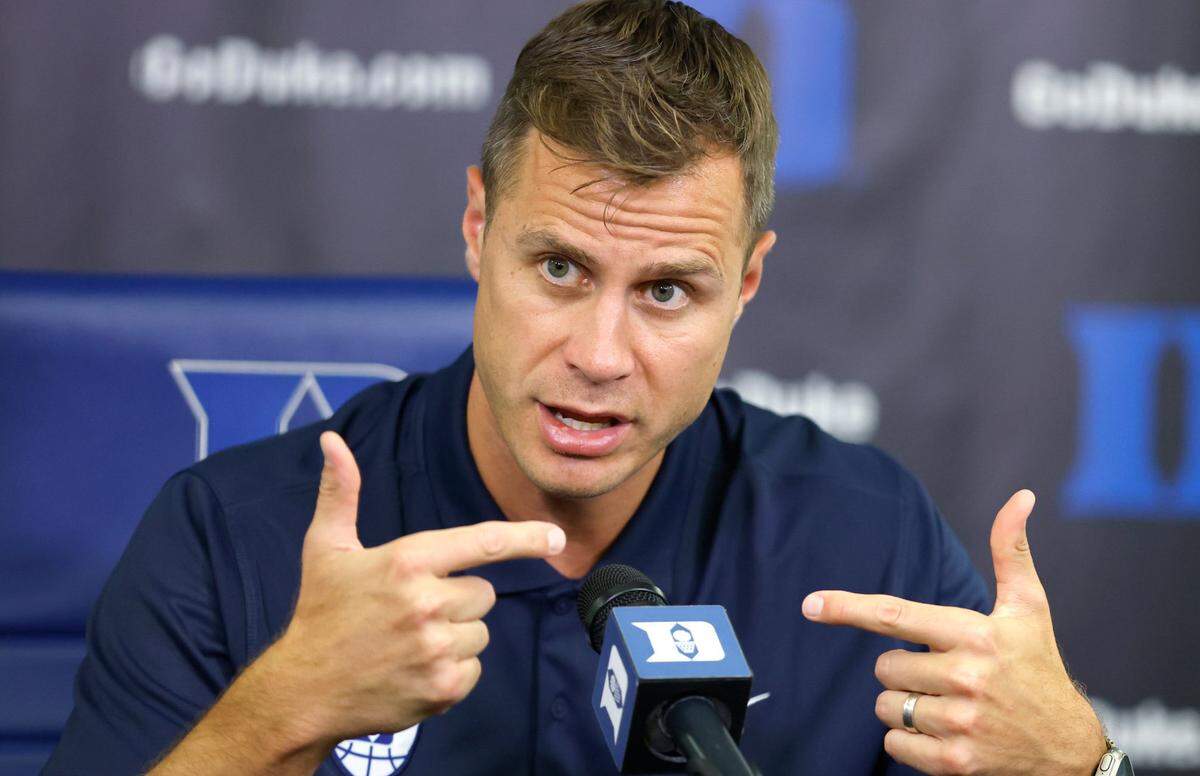 Duke head coach Jon Scheyer talks to the media on Tuesday, July 8, 2025.