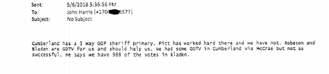 Screen grab of a text from Beth Harris to John Harris presented Feb. 21, 2019 by the NC elections board during its hearing on election fraud in the 9th Congressional District.