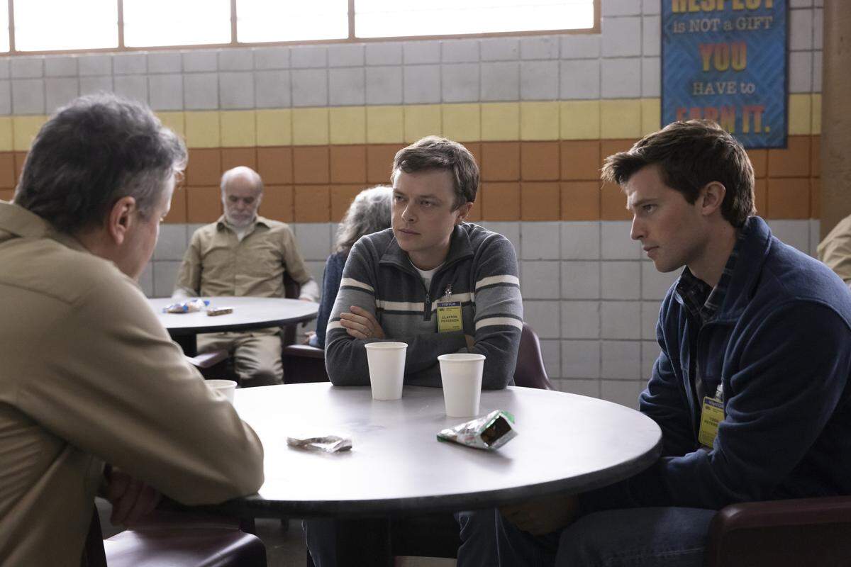 Colin Firth as Michael Peterson, Dane DeHaan as Clayton Peterson and Patrick Schwarzenegger as Todd Peterson in the HBO Max series “The Staircase.”